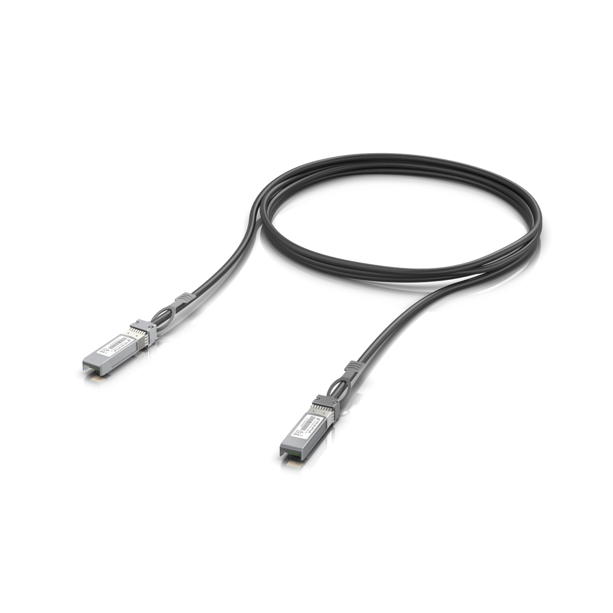 Cable DAC pasivo negro de cobre SFP+ de 3 metros con conectores metálicos plateados y etiquetas blancas sobre fondo blanco
