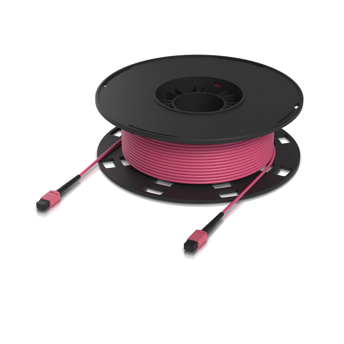 Cable de fibra óptica rosa OM4 enrollado en carrete negro con conectores MPO-12 tipo B