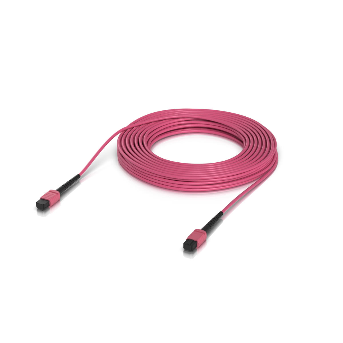 Cable de fibra óptica OM4 rosa enrollado con conectores MPO-12 tipo B y protección negra