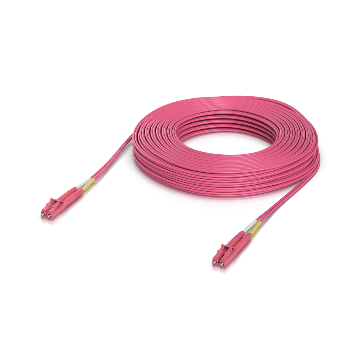 Cable de fibra óptica OM4 rosa con conectores LC y protección amarilla