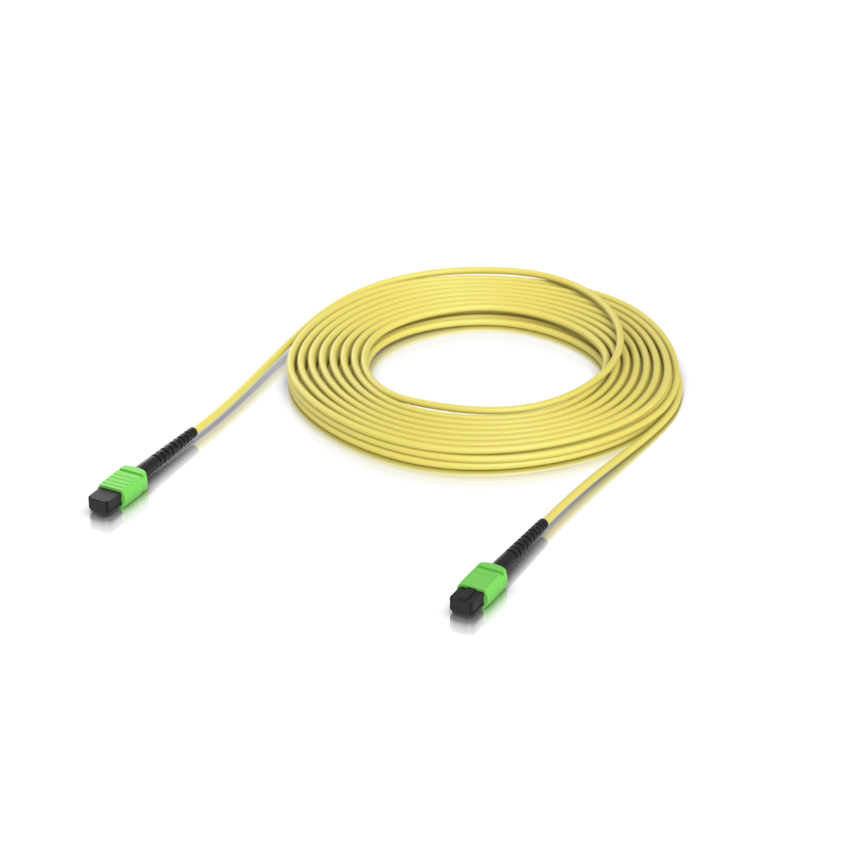 Cable saltador amarillo MPO-MPO de 10 metros con conectores verdes y fundas negras sobre fondo blanco