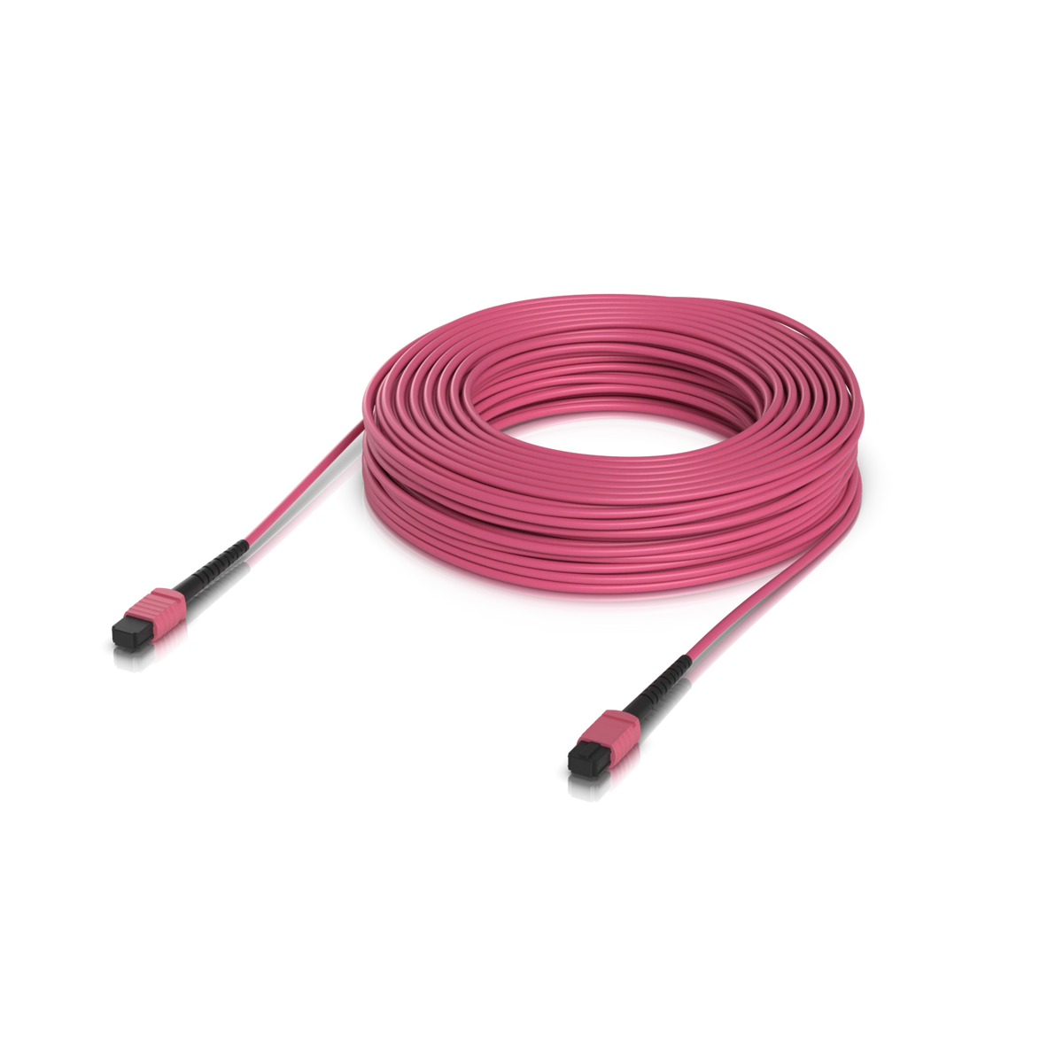 Cable de salto rosa MPO-12 OM4 con conectores negros y carcasa rosa sobre fondo blanco