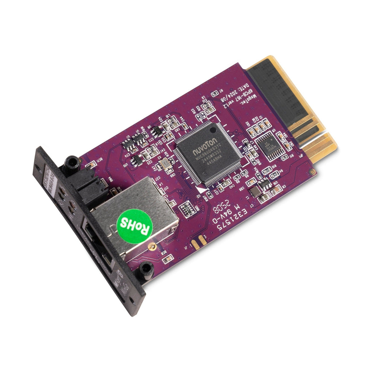 Vista superior de circuito impreso morado con chip central y conector PCIe dorado