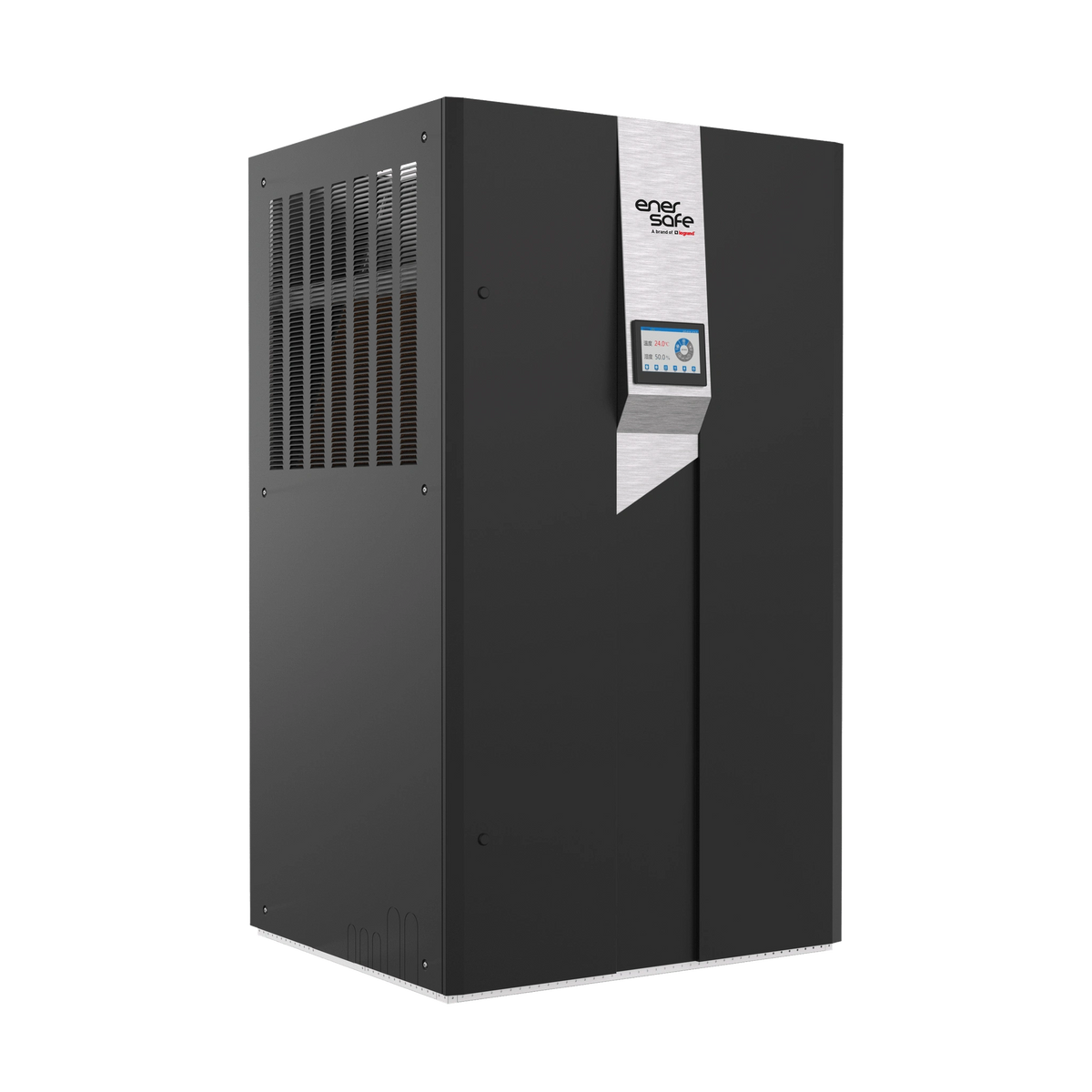 Unidad de aire acondicionado industrial negra con rejillas horizontales y panel plateado