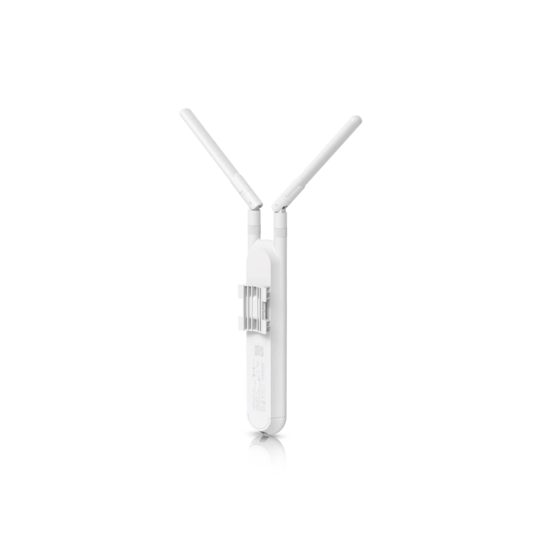 Vista angular trasera con antenas en forma de V, etiqueta técnica y clip de montaje plástico robusto