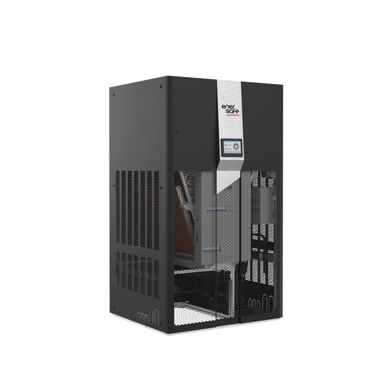 Unidad de climatización perimetral negra mate con panel frontal hexagonal y pantalla táctil digital en centro.