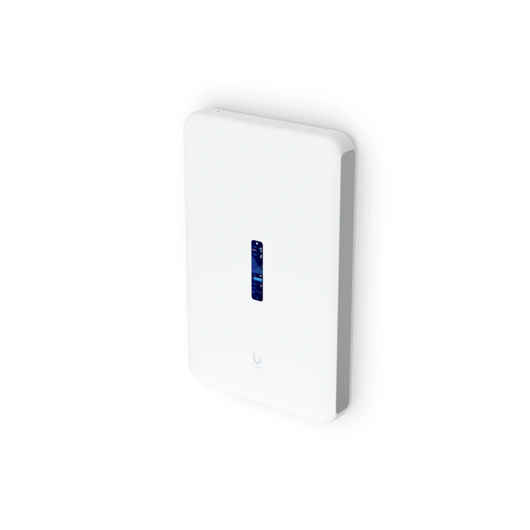 Dispositivo de red blanco con pantalla azul vertical iluminada y logotipo gris sobre fondo claro
