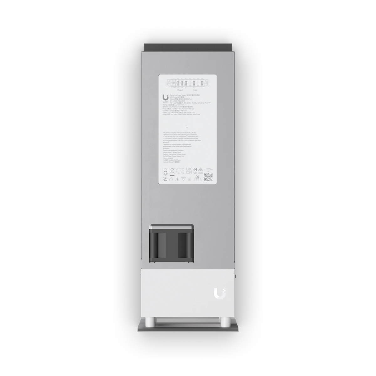 Vista trasera de fuente de poder redundante UniFi con carcasa de aluminio plateado y etiqueta blanca central