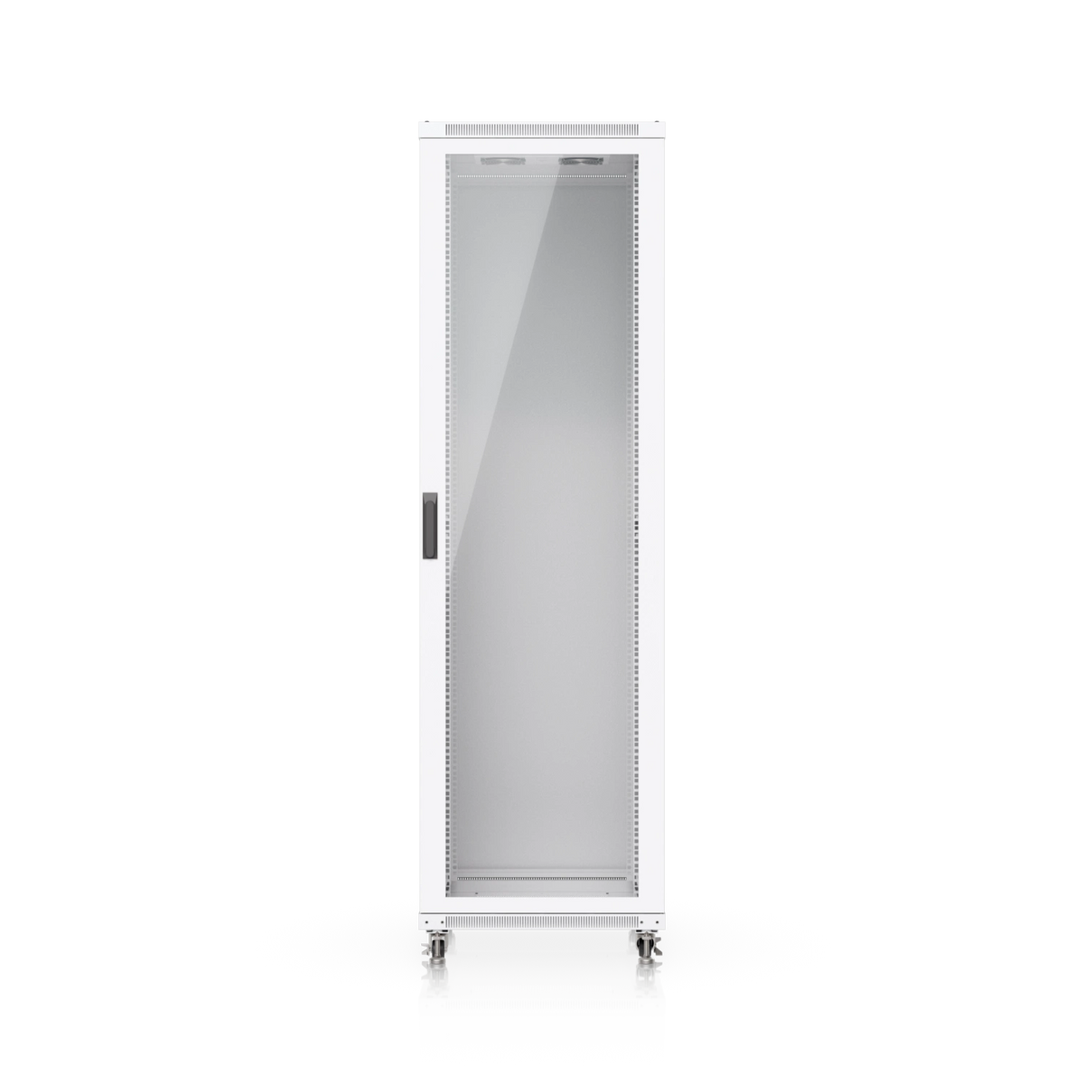 Gabinete rack 42U blanco con puerta de vidrio transparente, ruedas con cerradura y rejillas de ventilación integradas