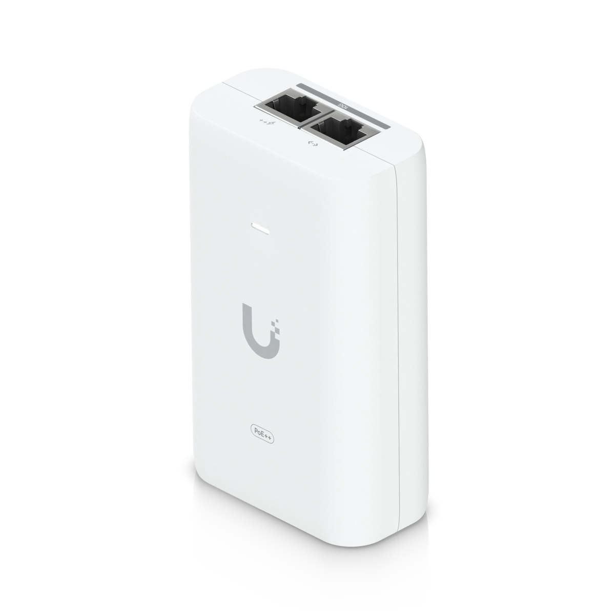 Inyector PoE++ blanco Ubiquiti con puertos RJ45 negros y logotipo gris