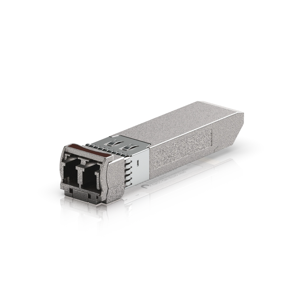 Módulo transceptor SFP+ plateado de Ubiquiti con conectores LC sobre fondo blanco