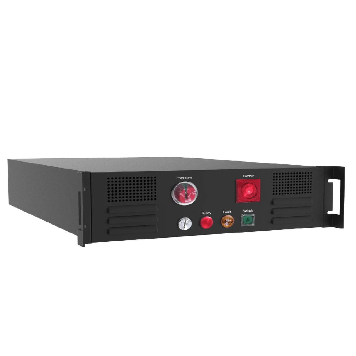 Panel frontal negro de sistema FM200 con manómetro rojo, luces y botones en montaje rack 3U