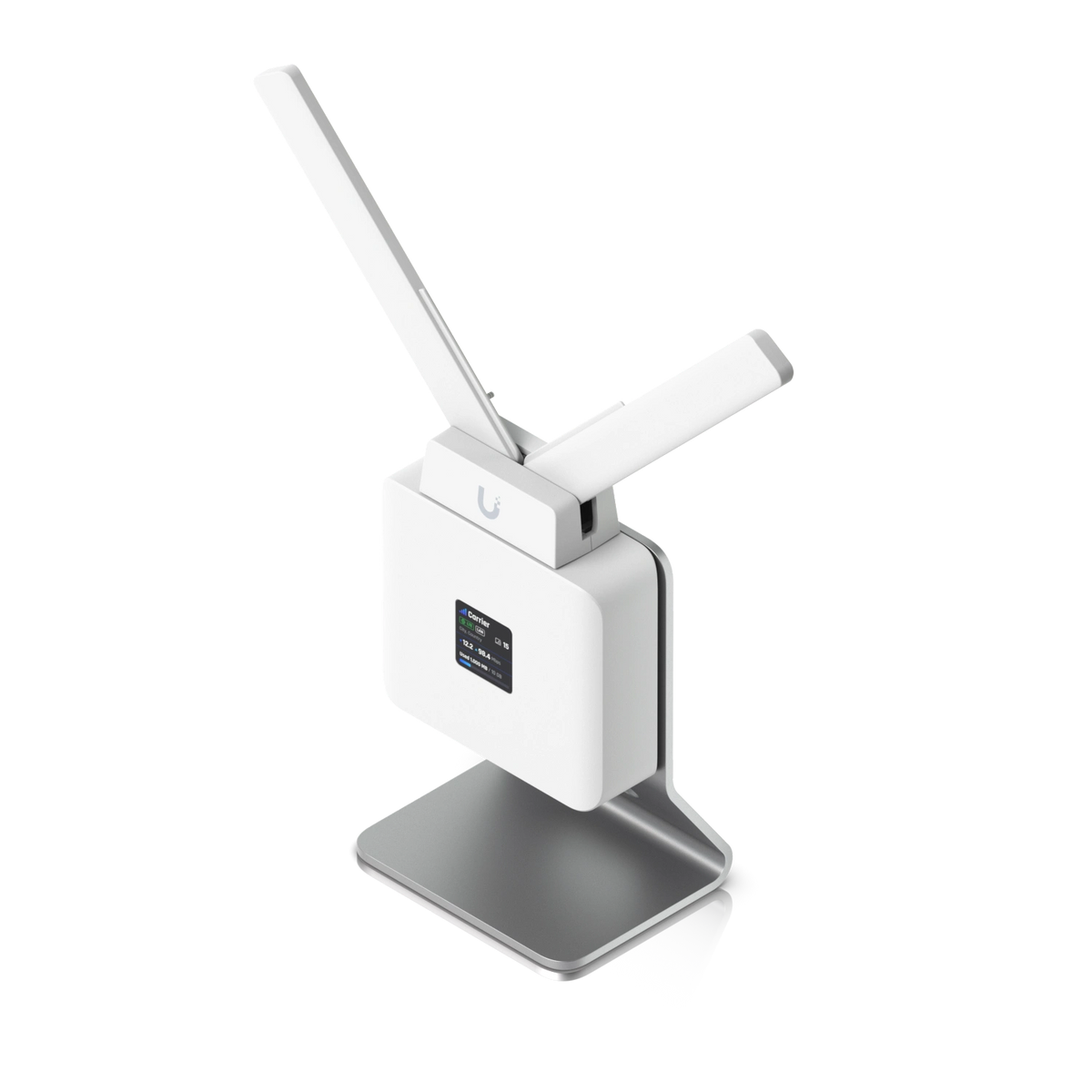 Router blanco UniFi UMR sobre soporte de aluminio plateado con antenas externas levantadas