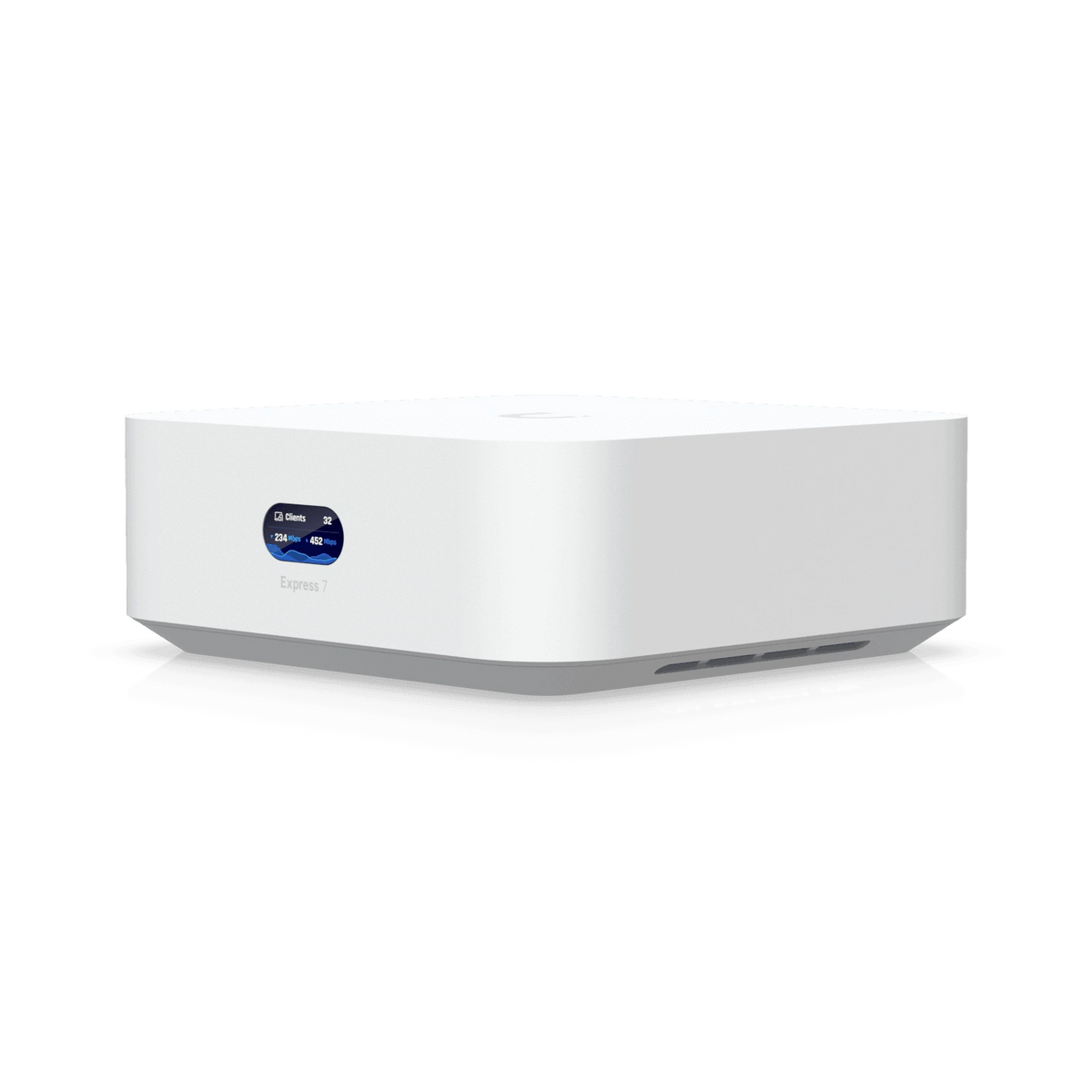 Perspectiva tres cuartos del gateway cloud blanco Ubiquiti mostrando la base gris y pantalla OLED frontal