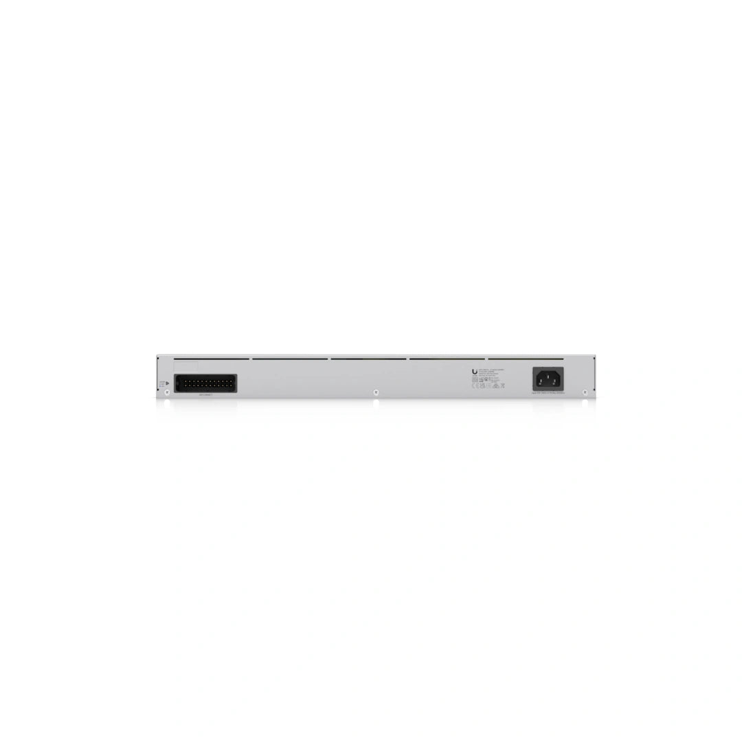 Panel trasero del router UniFi con puerto de expansión, texto regulatorio y toma de corriente IEC