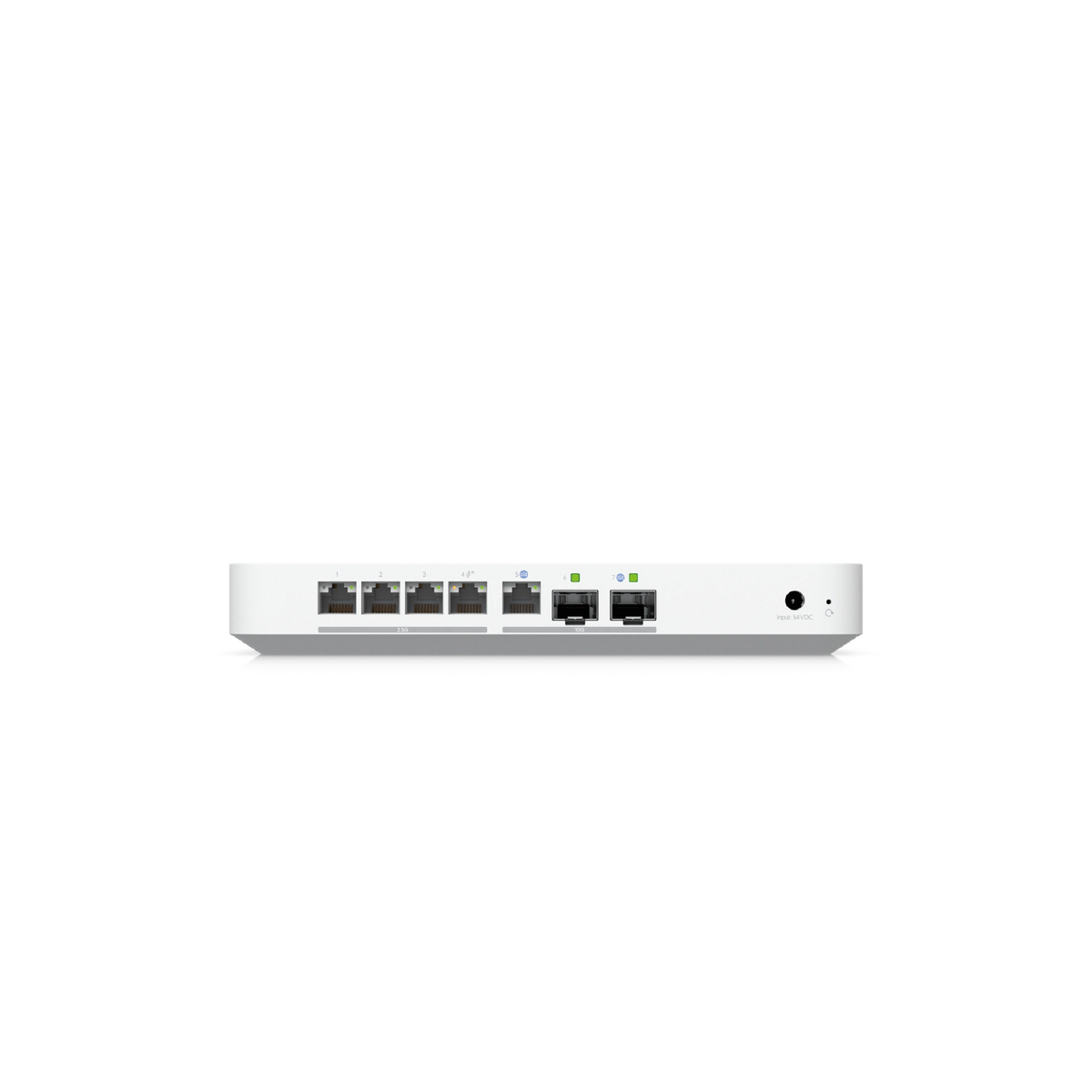 Panel trasero negro con seis puertos RJ45 PoE+, dos ranuras SFP+ para fibra óptica y conectores DC