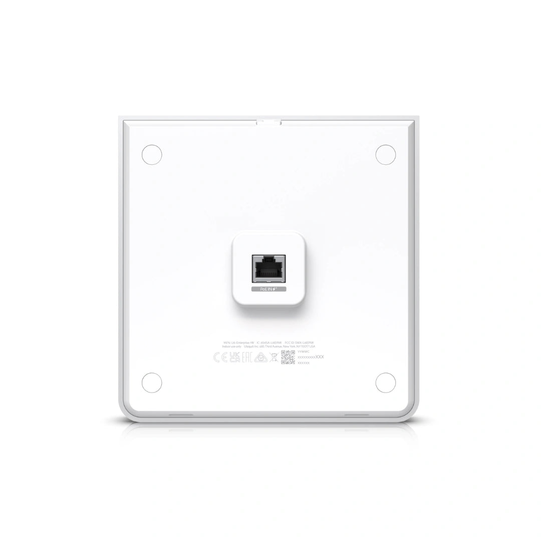 Parte trasera del access point Ubiquiti blanco con puerto PoE IN+ central y círculos de montaje en esquinas