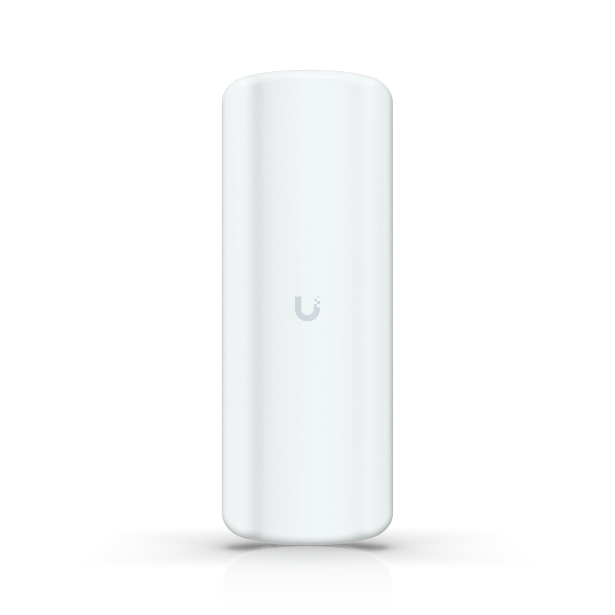 Dispositivo cilíndrico blanco de puente inalámbrico Ubiquiti UniFi con logotipo gris sobre fondo blanco