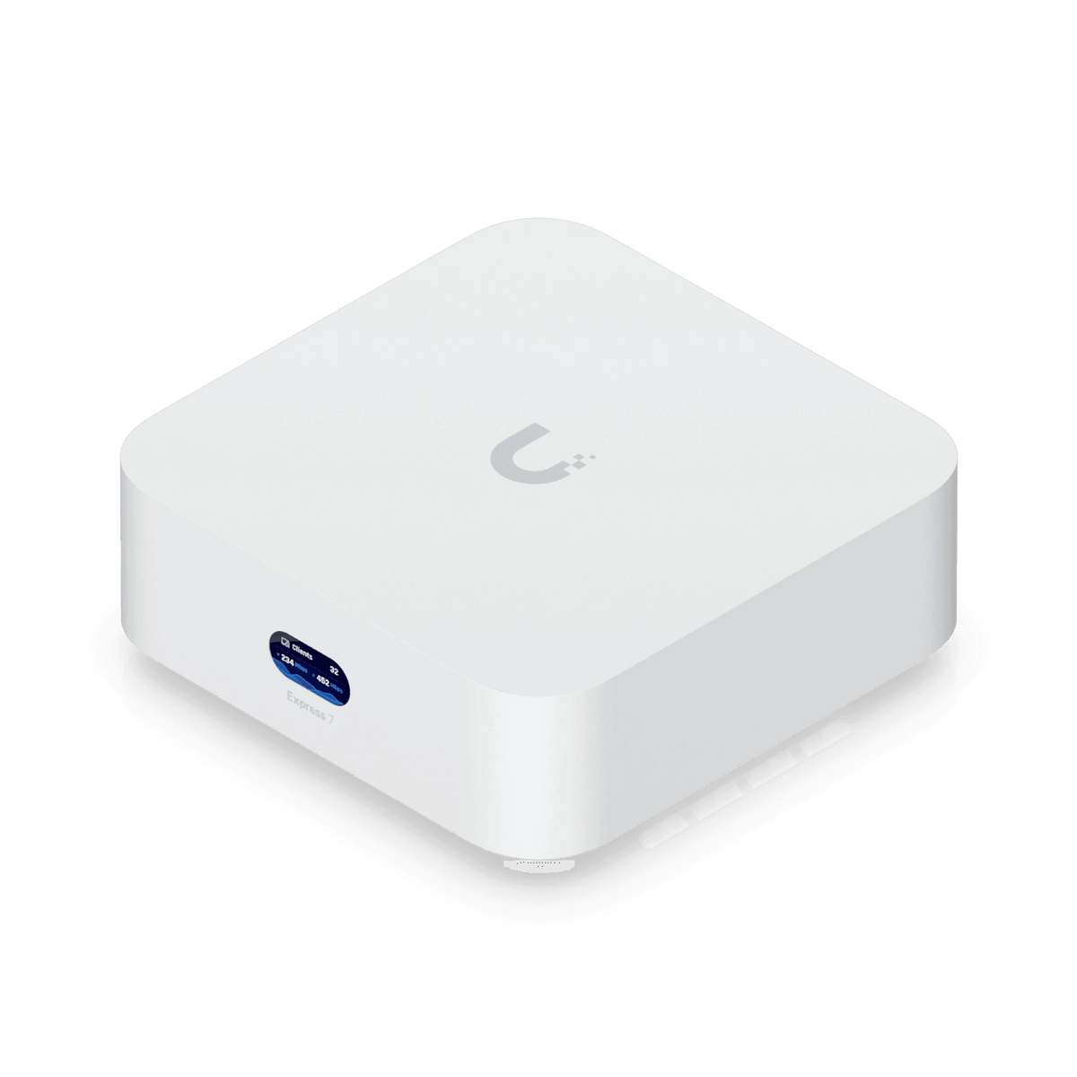 Vista isométrica del dispositivo blanco Ubiquiti UniFi Express 7 con esquinas redondeadas y pantalla azul