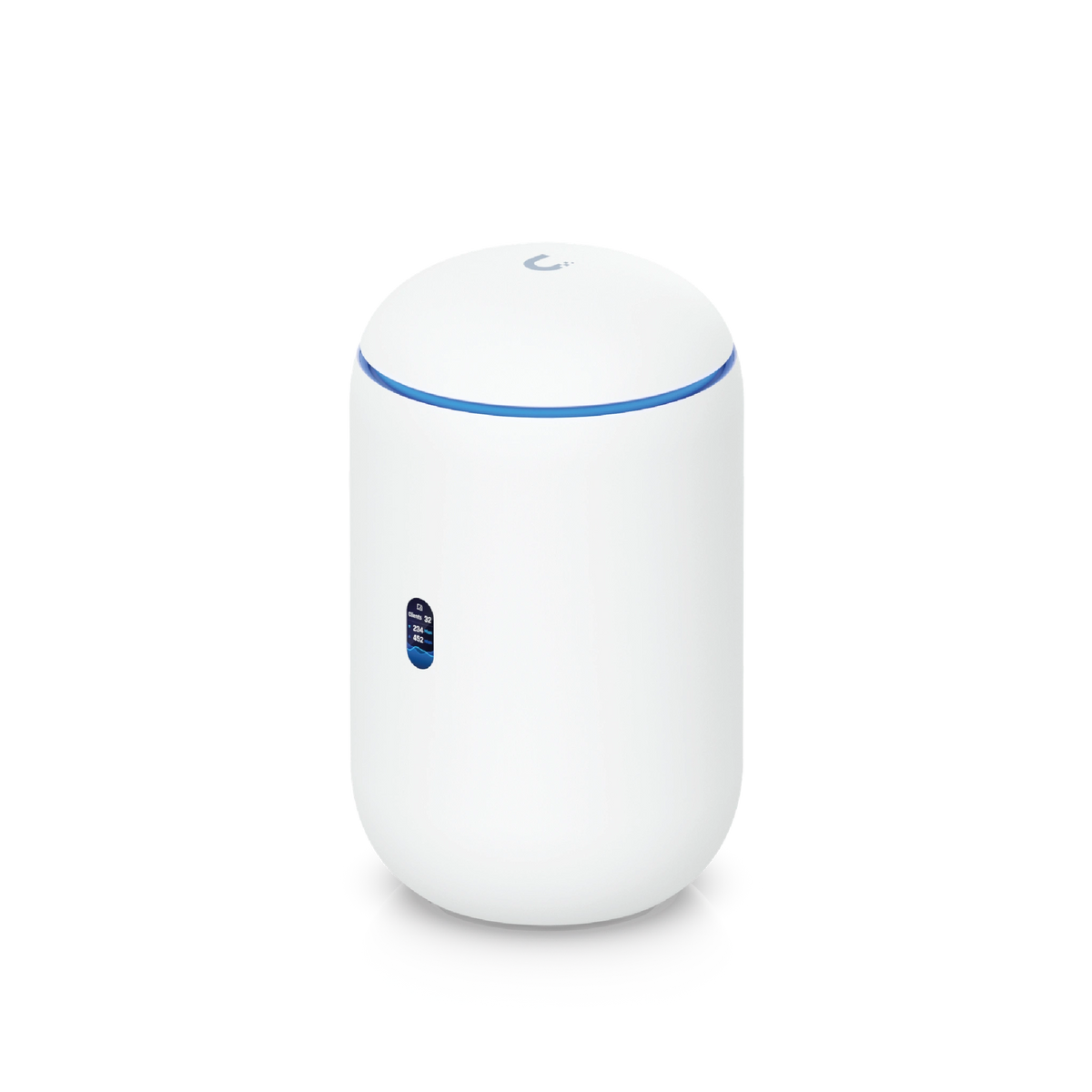 Enrutador cilíndrico blanco Ubiquiti UniFi con anillo LED azul y pantalla lateral de estadísticas