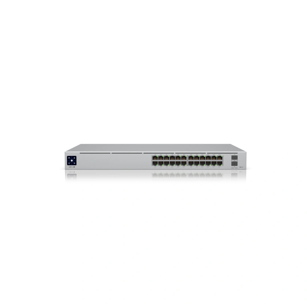 Vista directa frontal del UniFi Switch 450W con interfaz de control, veinticuatro puertos Gigabit Ethernet y dos puertos SFP+