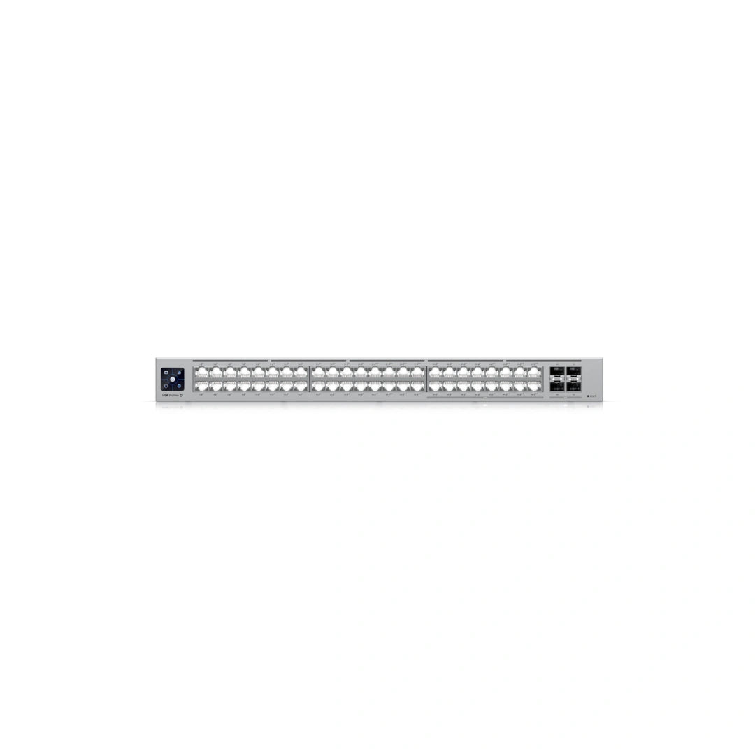 Disparo frontal directo del switch Ubiquiti UniFi destacando la disposición organizada de 48 puertos Ethernet e interfaces