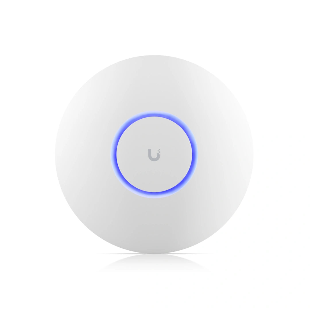 Punto de acceso wifi 6 empresarial blanco circular con anillo LED azul brillante y logotipo gris central