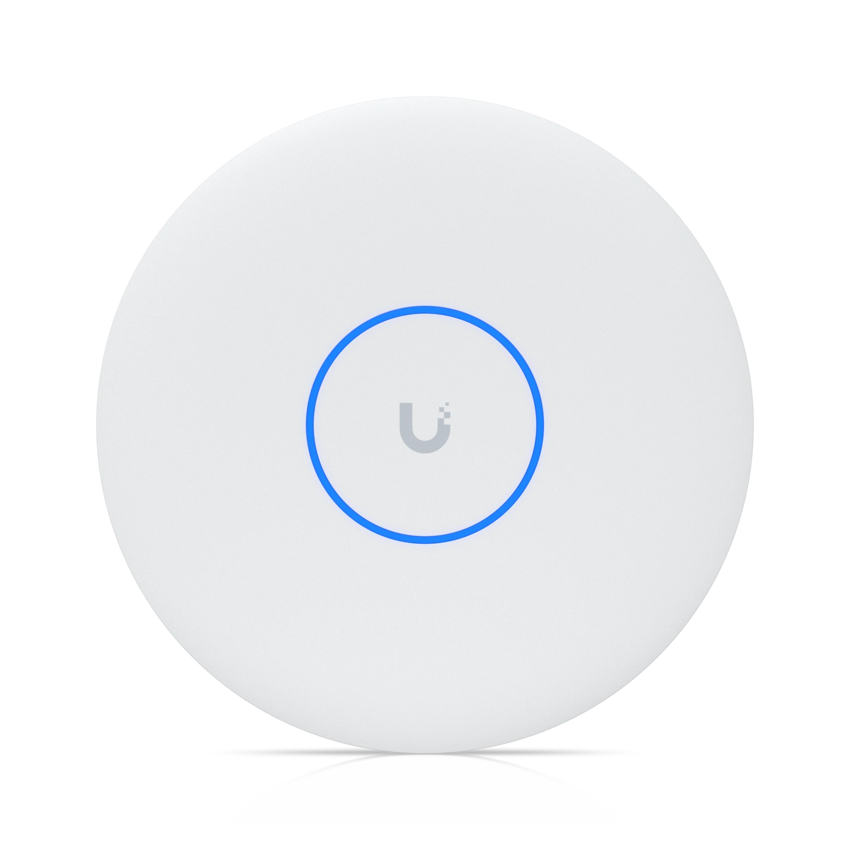 Punto de acceso WiFi 7 empresarial blanco circular con logotipo U gris y anillo LED azul iluminado