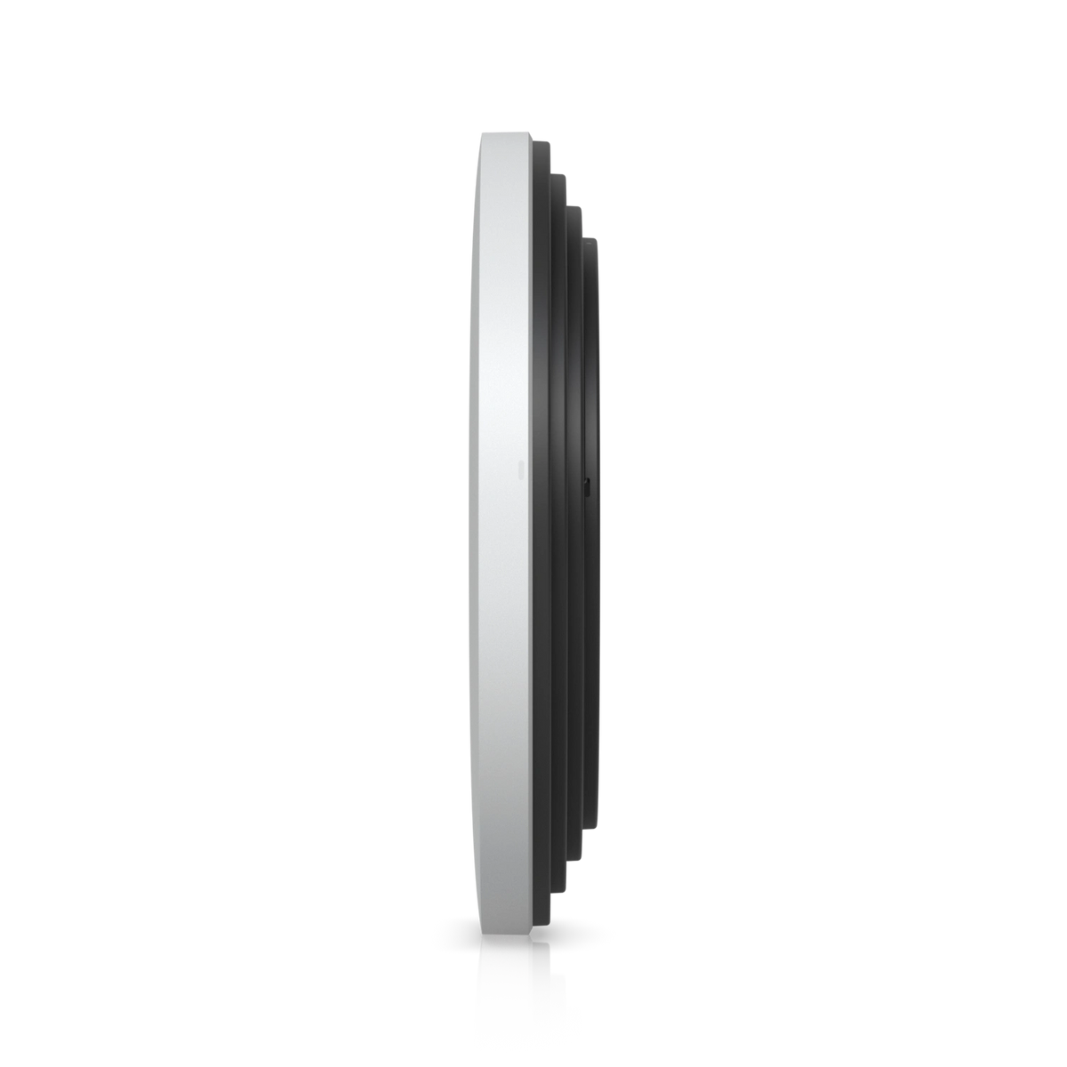 Vista lateral del punto de acceso inalámbrico Ubiquiti UniFi WiFi 7 con carcasa plateada y detalles negros
