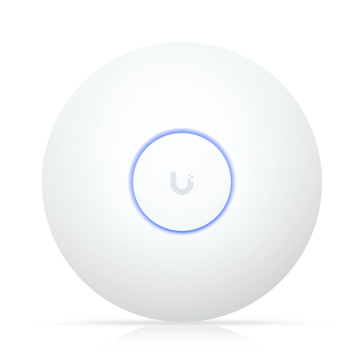 Punto de acceso Ubiquiti UniFi WiFi 7 blanco circular con logotipo gris y anillo LED azul iluminado