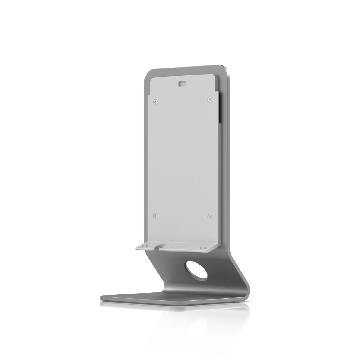 Soporte de aluminio gris con tornillos traseros y orificio circular para cables