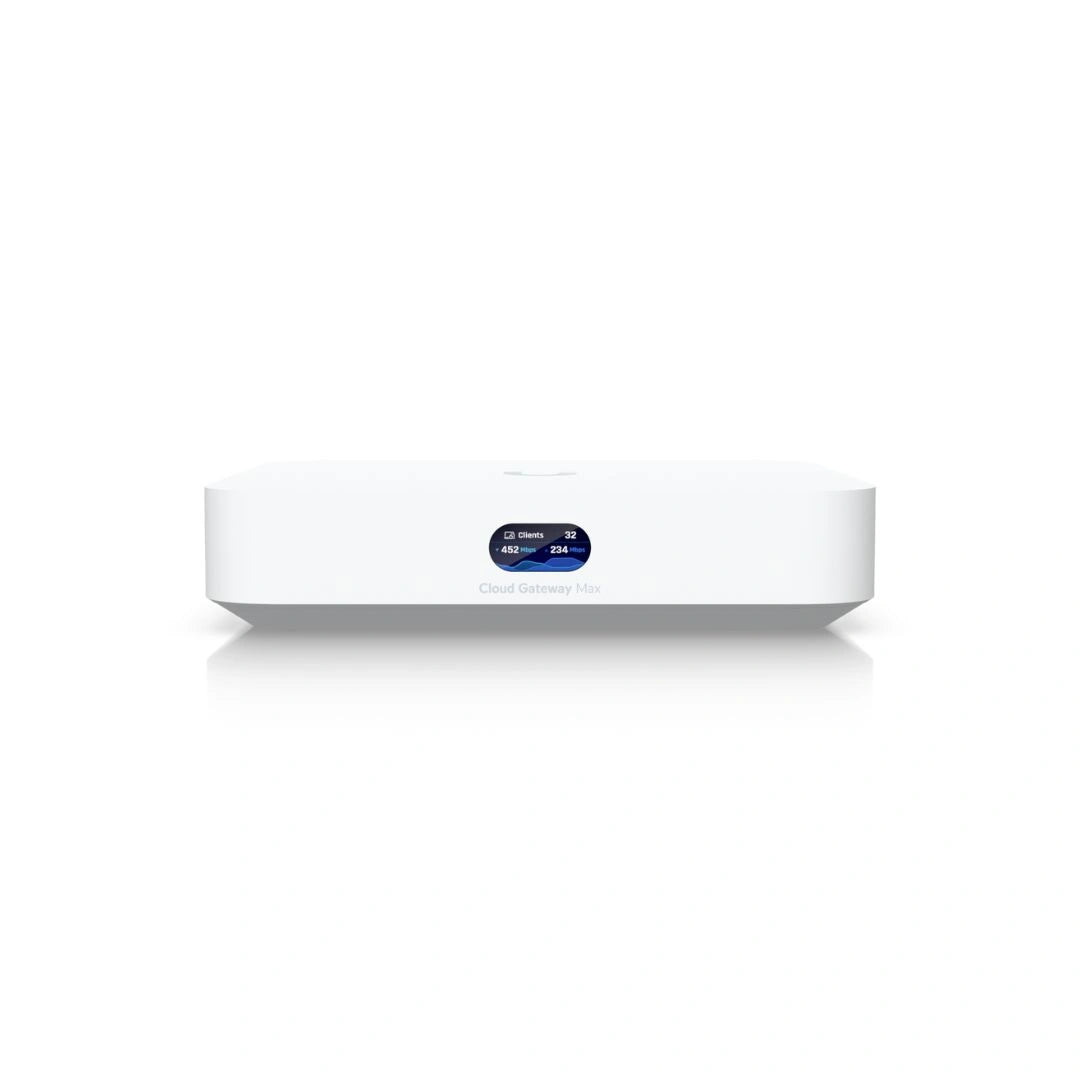Vista frontal del gateway UniFi blanco con pantalla LCD a color mostrando estadísticas de red y clientes