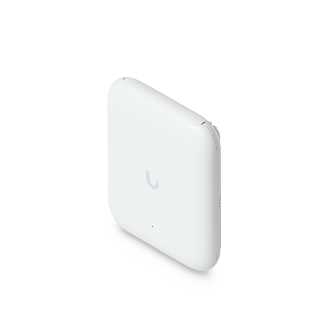 Cara frontal blanca lisa del dispositivo con logotipo Ubiquiti y luz indicadora