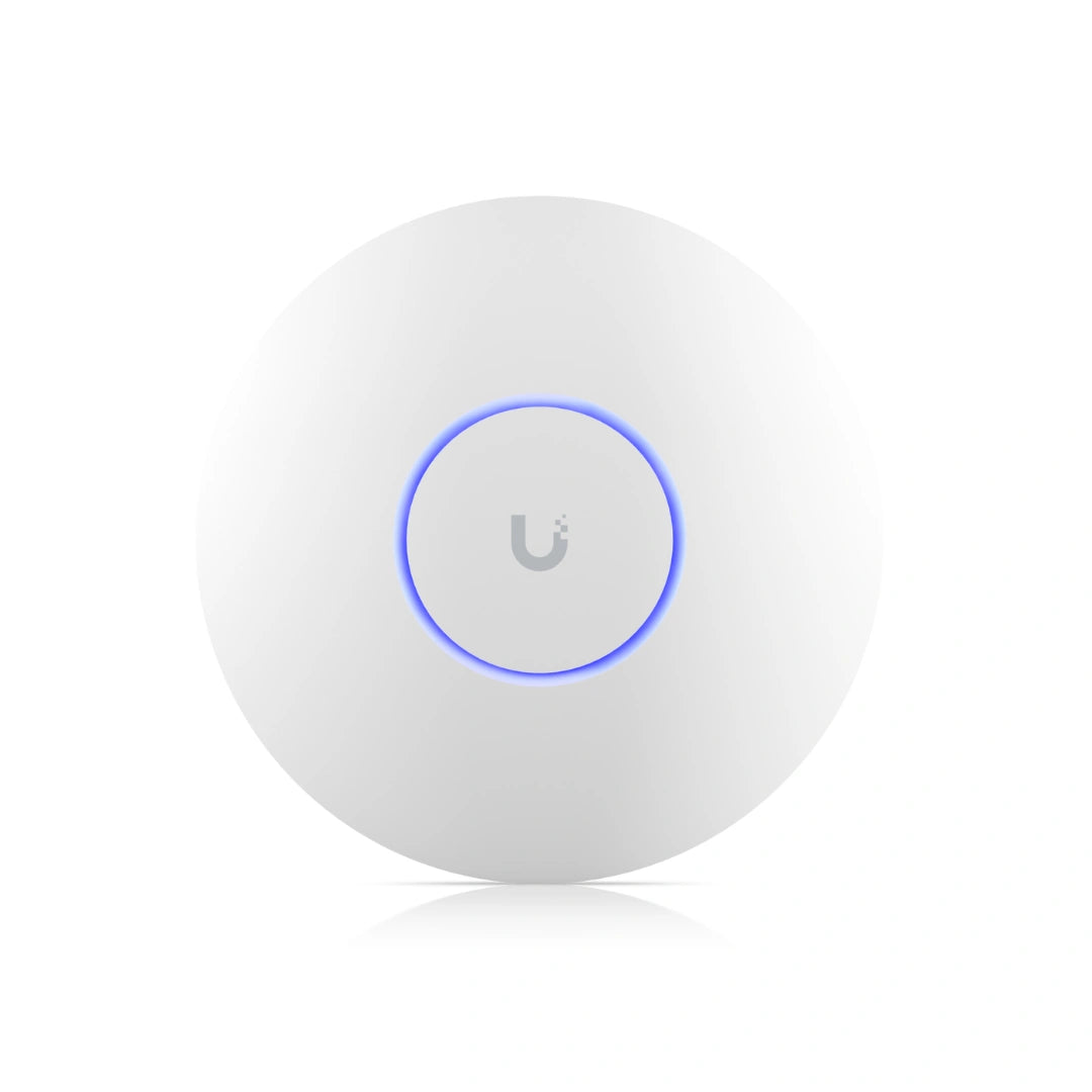 Vista frontal del access point WiFi 6E con logotipo y anillo luminoso azul