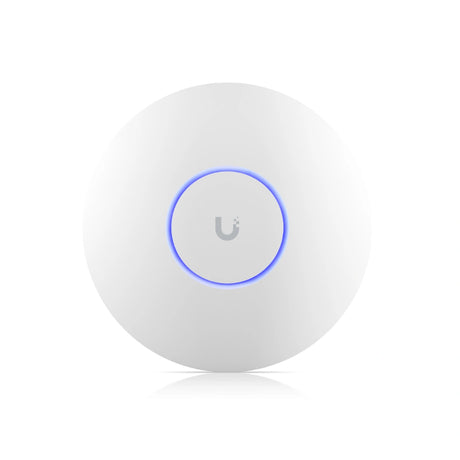 Vista frontal del access point WiFi 6E con logotipo y anillo luminoso azul