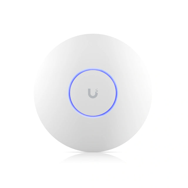 Vista frontal del access point WiFi 6E con logotipo y anillo luminoso azul