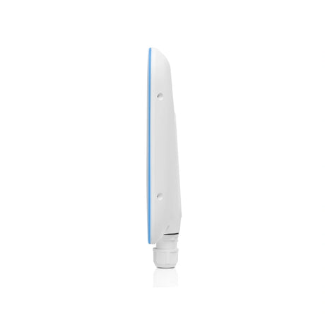 Vista lateral del punto de acceso WiFi exterior UniFi AP blanco con borde azul