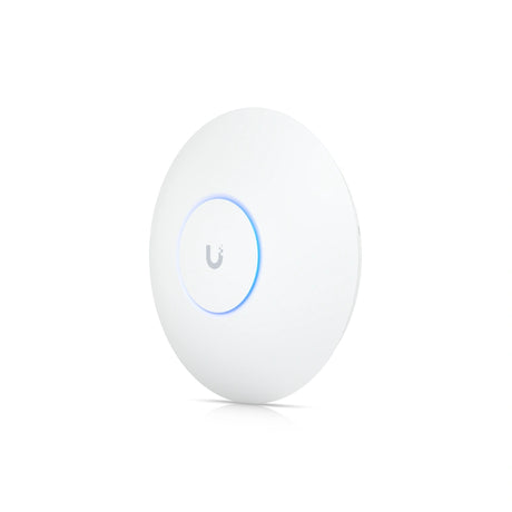 Ángulo tres cuartos del access point WiFi 6E Ubiquiti con aro de luz azul