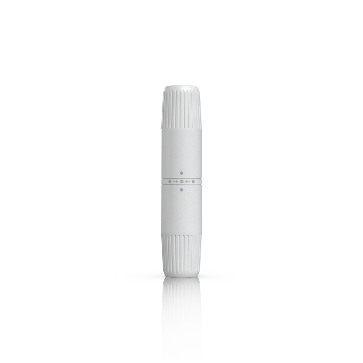 Acoplador exterior blanco UniFi Cat6A con diseño cilíndrico y secciones acanaladas para agarre