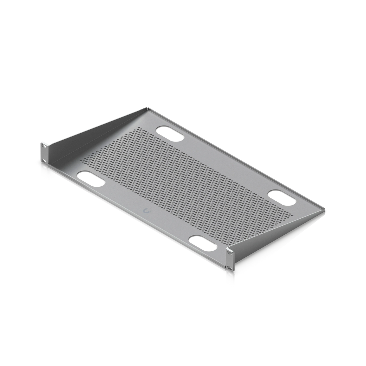 Bandeja de rack gris con rejilla central perforada y asas ovaladas laterales