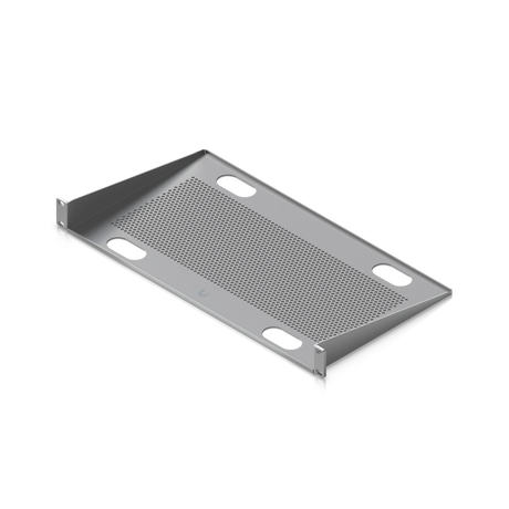 Bandeja de rack gris con rejilla central perforada y asas ovaladas laterales