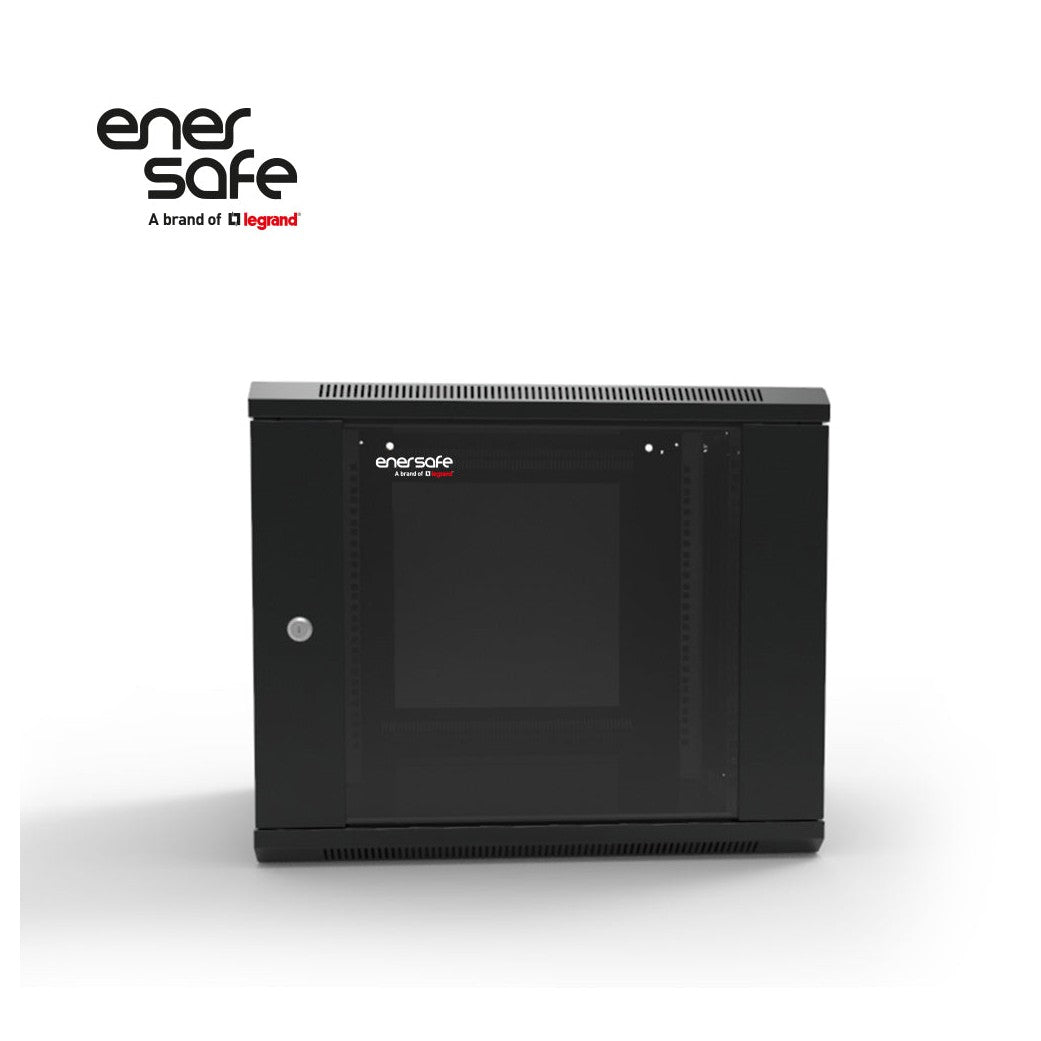 Gabinete mural negro Enersafe 12U con puerta de vidrio frontal y cerradura plateada sobre fondo blanco