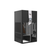 Unidad de climatización perimetral negra con rejilla hexagonal y panel táctil digital