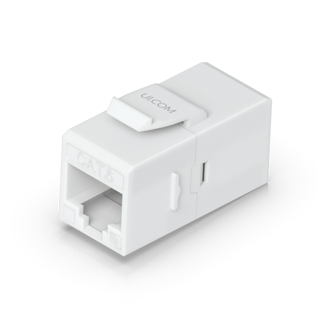Acoplador keystone Cat6 blanco de policarbonato con cierre superior y logotipo UI.COM sobre fondo reflectante