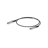 Cable DAC negro de 2 metros con conectores SFP+ plateados y etiquetas blancas sobre fondo blanco