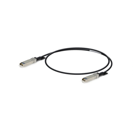 Cable DAC negro de 2 metros con conectores SFP+ plateados y etiquetas blancas sobre fondo blanco