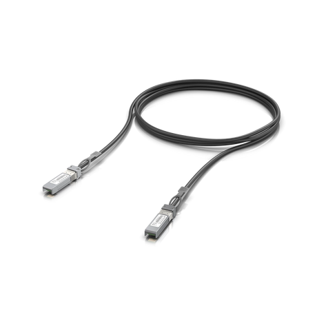 Cable DAC pasivo negro de cobre SFP+ de 3 metros con conectores metálicos plateados y etiquetas blancas sobre fondo blanco