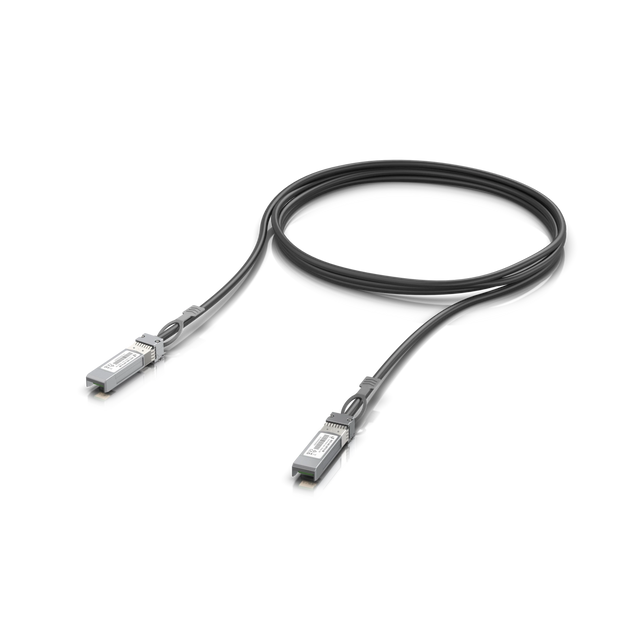 Cable DAC pasivo negro de cobre SFP+ de 3 metros con conectores metálicos plateados y etiquetas blancas sobre fondo blanco