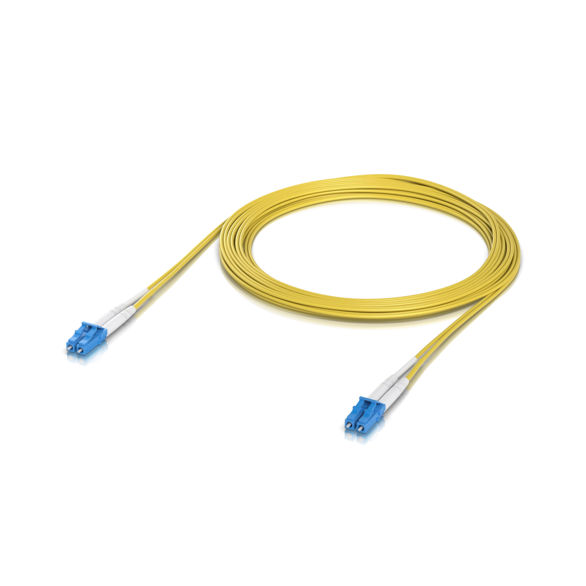 Cable amarillo enrollado con conectores azules LC y protección blanca
