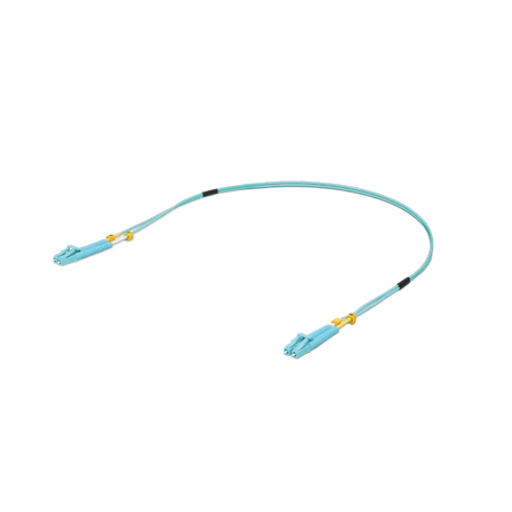 Cable de fibra óptica azul claro OM3 con conectores LC y protectores amarillos sobre fondo blanco